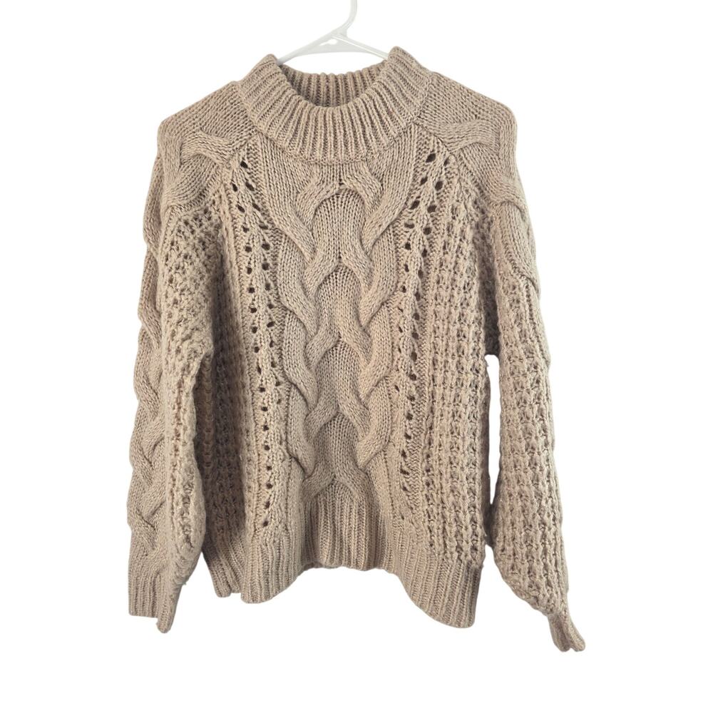 Silverflint Cable Knit Loose Chunky Sweater S Womens Mock Neck‎ Tan Sparkle